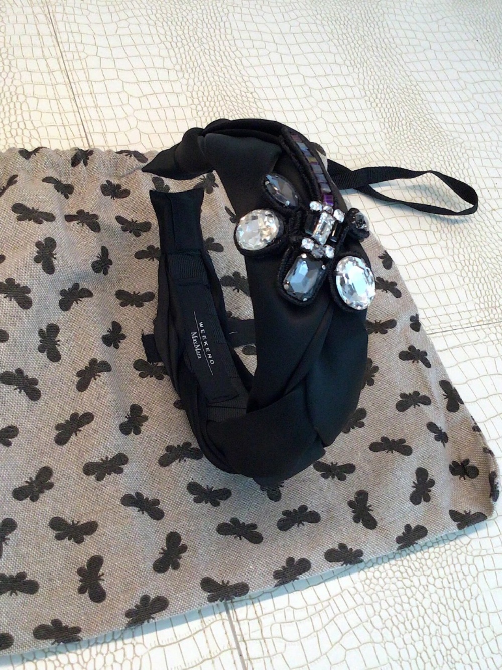 Rare Brand New MAX MARA Black Satin Rhinestone Headband w/Bag